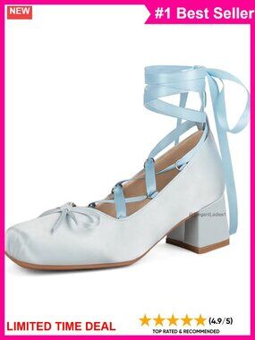 Satin Ballerina Heels Chunky Block Heel Ribbon Lace Up Square Toe Pumps